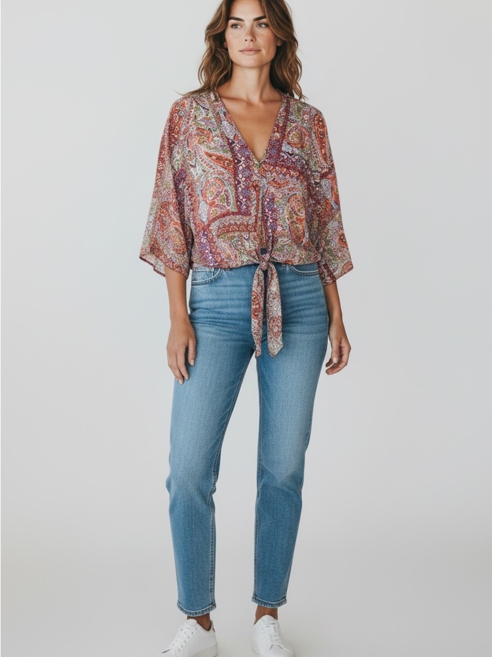 13 Paisley Tie-Front V-Neck Blouse - Multi
